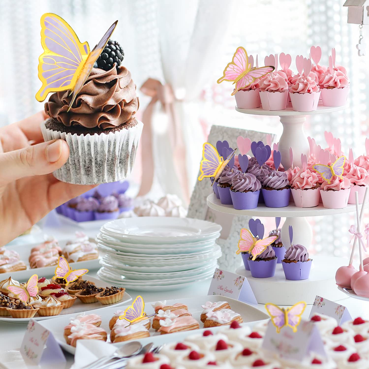 LANGPA 22-Pieces Butterfly Cake Decorations With Happy Birthday Purple