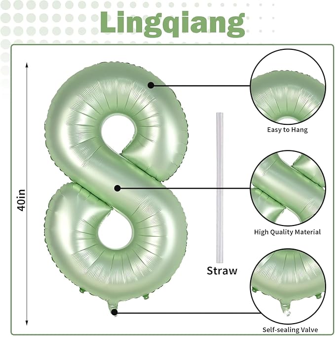 Sage Green Balloon Number 8, 40 Inch Large Self Inflating Foil Number