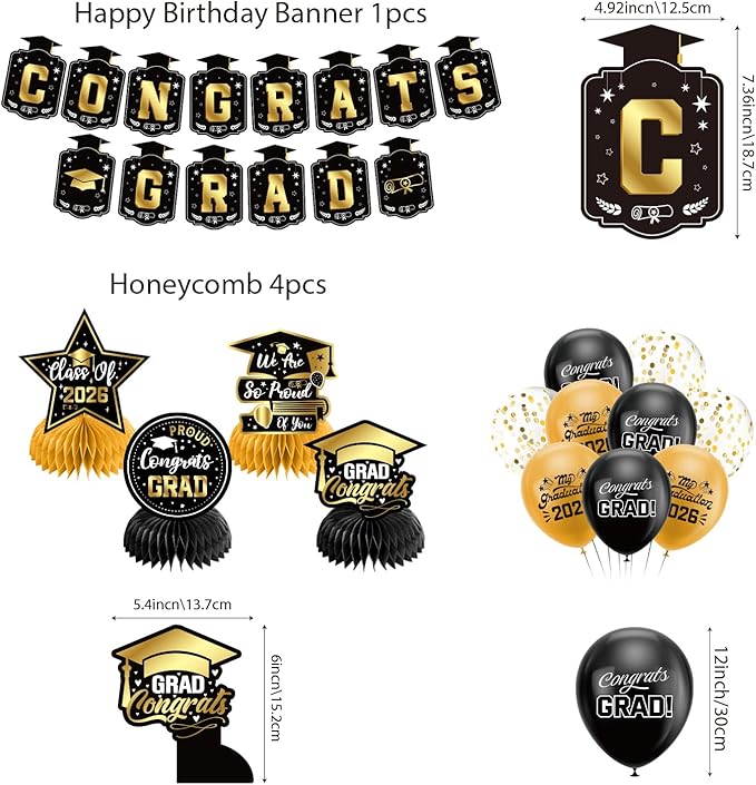 Graduation Decorations 2026 Set Black Gold Congrats Grad Decor Set