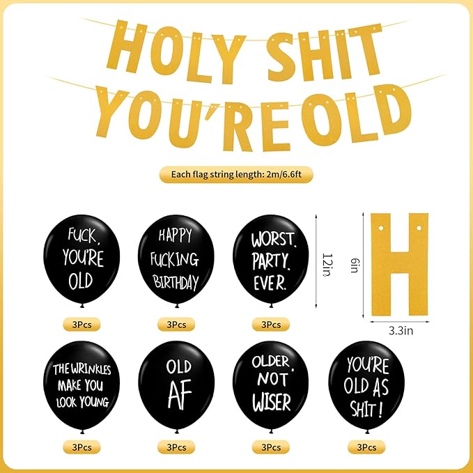 Holy Shit You're Old Banner Funny Abusive Old Age Birthday Party