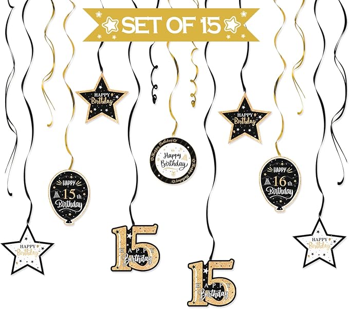Happy 15th Birthday Black & Gold Balloon Set,15th Birthday Swirls
