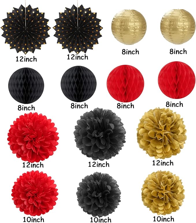 Red Black Gold Party Decorations Streamers Lanterns 14pcs Casino