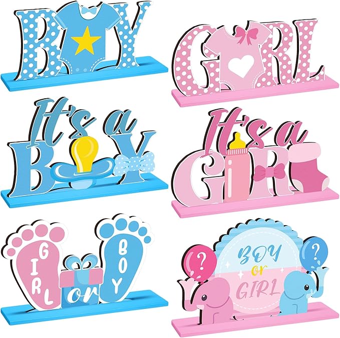 6 Pcs Baby Gender Reveal Centerpieces Table Wooden Decorations Blue