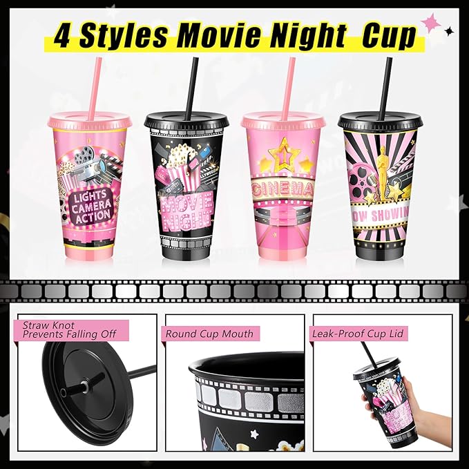 24pcs Movie Night Cups 24oz Reusable Christmas Cinema Tumbler with