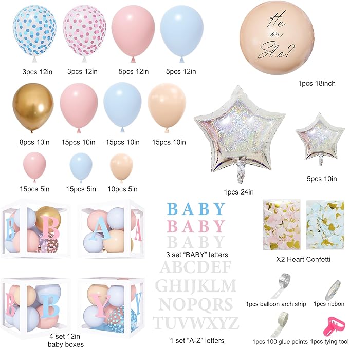 164PCS Gender Reveal Balloon Boxes Decorations Pink and Blue Balloon