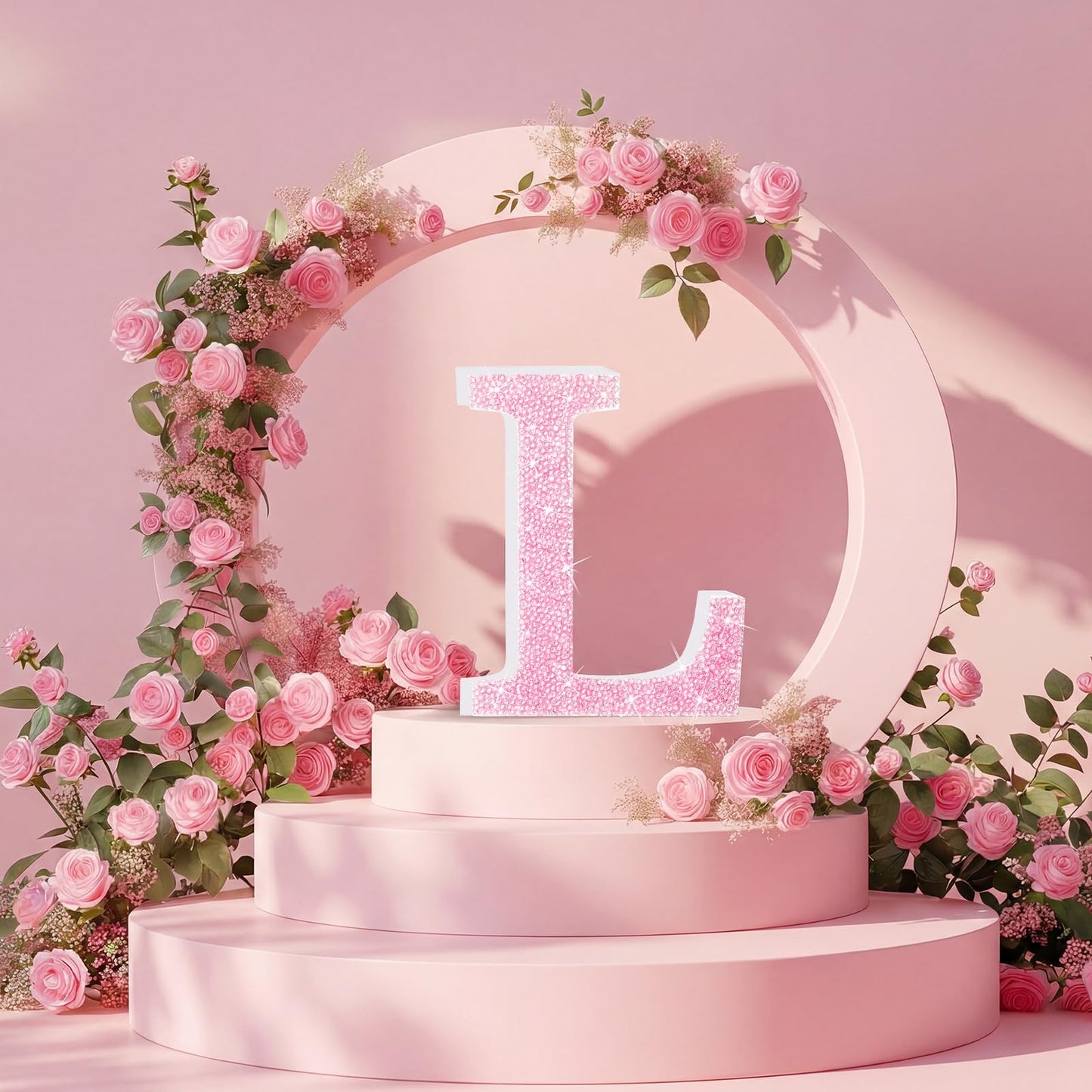 Qunclay Pink Crystal Diamond Letter Wall Decor, Glitter Wooden Bling
