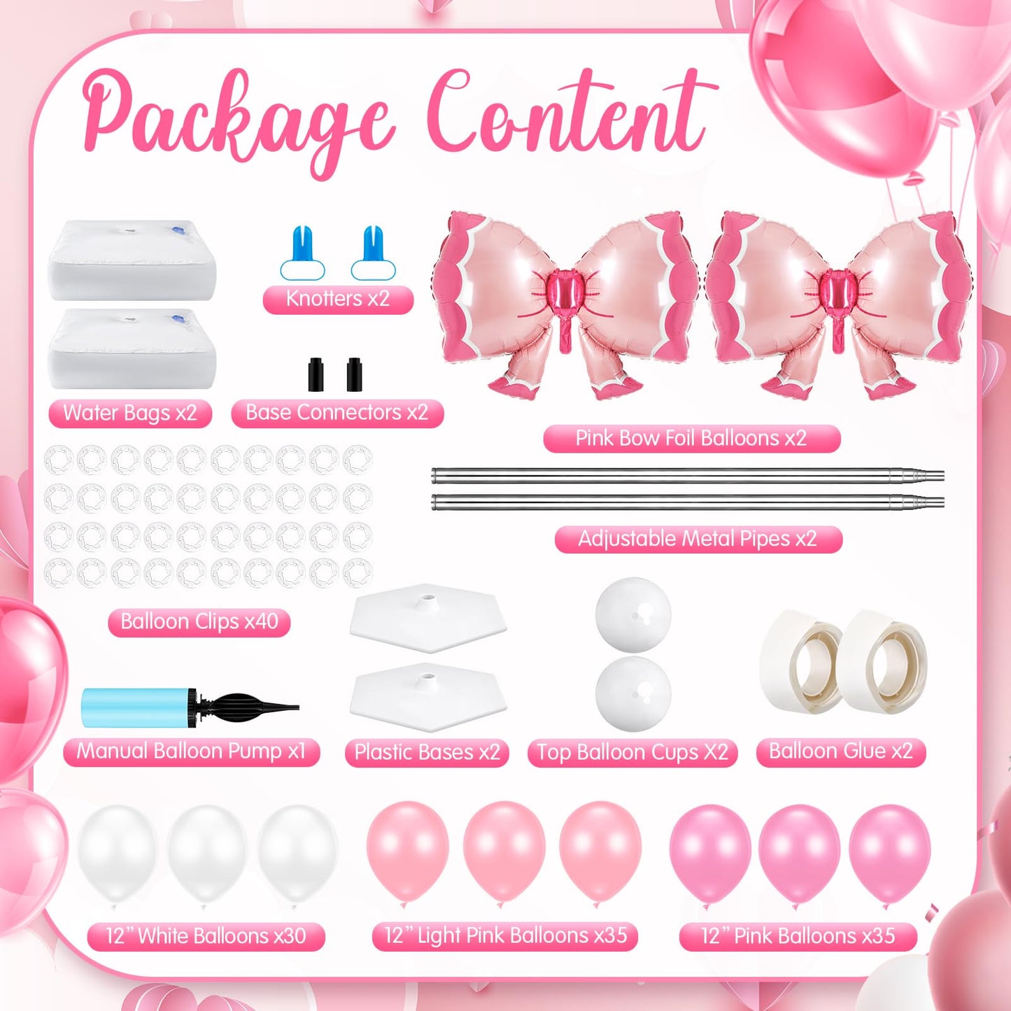 Kasyat 2 Sets Pink Bow Balloon Column Stand Kit with 2 Pink Bow Foil