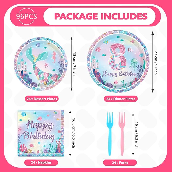Grencian 96PCS Mermaid Birthday Party Decorations Mermaid 8th