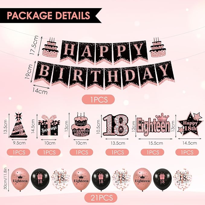 18th Birthday Decorations for Girls Her 52Pcs Black Rose Gold Party