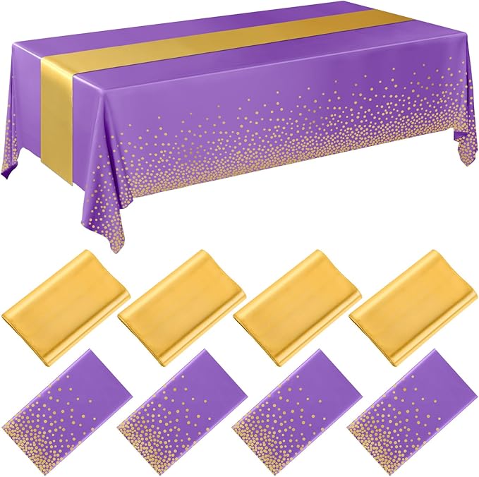 Breling 8 Pack Purple and Gold Disposable Plastic Tablecloths and