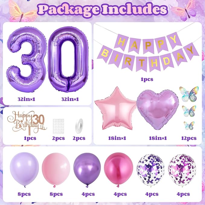 30th Birthday Decorations for Her,Pink Purple 30th Birthday