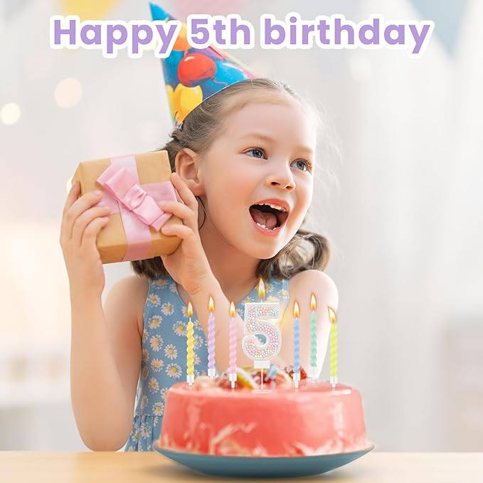 MTLEE Number 5 Birthday Candle with 12 Pcs Spiral Candles for Girls Ma