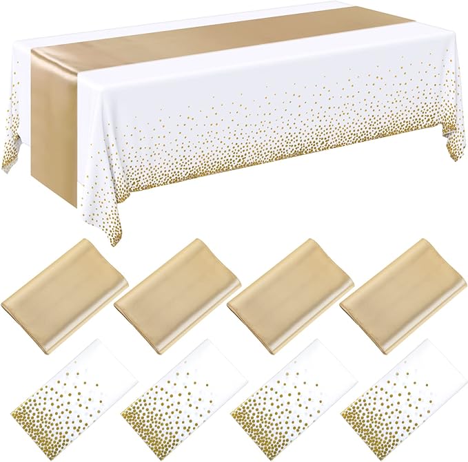 Breling 8 Pack White and Gold Disposable Plastic Tablecloths and