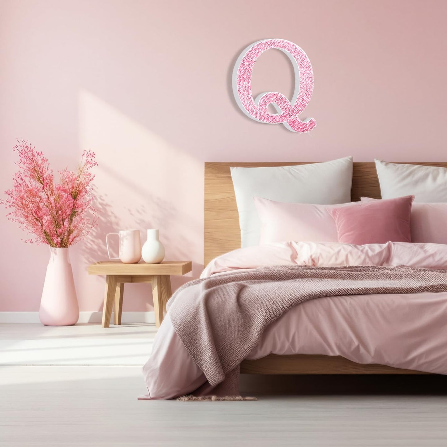 Qunclay Pink Crystal Diamond Letter Wall Decor, Glitter Wooden Bling