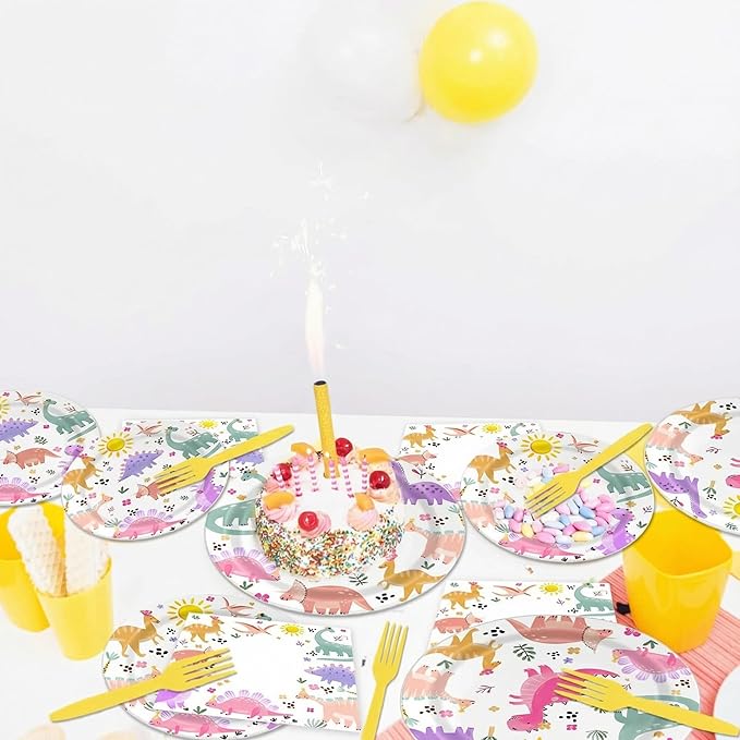 Pastel Dinosaur Plates and Napkins Girl Dino Pink & Purple Three Rex