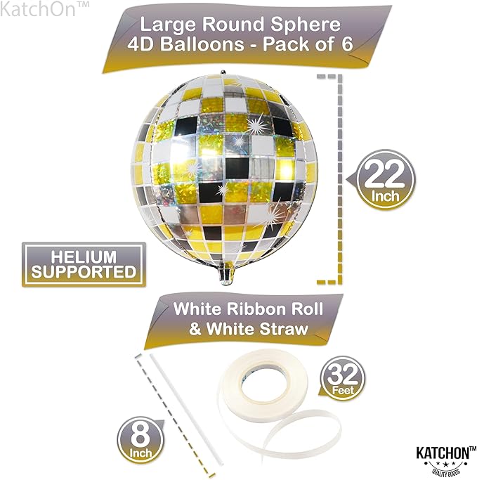 KatchOn, Multicolor Disco Ball Balloons - 22 Inch, Pack of 6 | 4D
