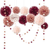 Bachelorette Party Decorations 15Pcs Burgundy Rose Gold Tissue Pom