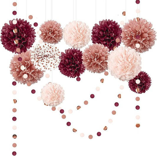 Bachelorette Party Decorations 15Pcs Burgundy Rose Gold Tissue Pom