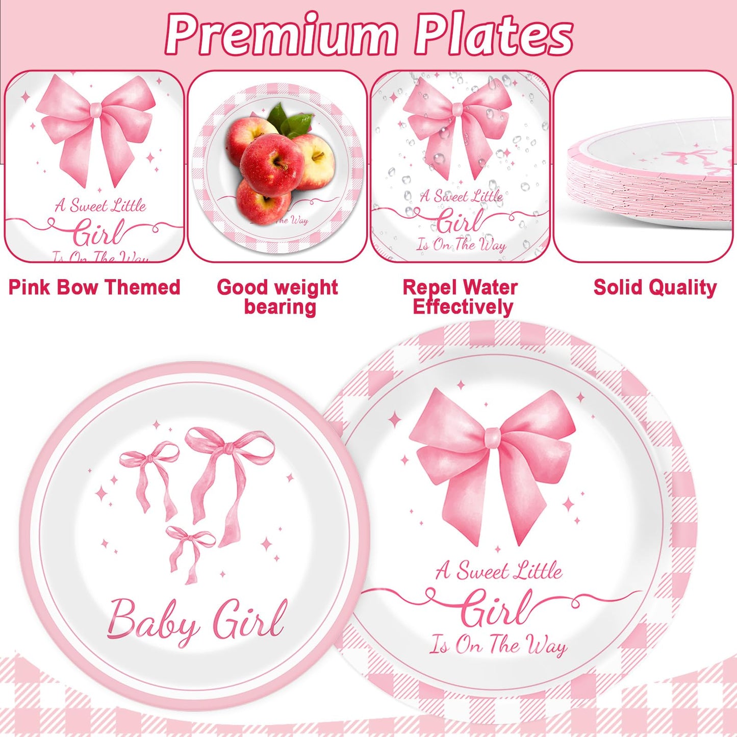 96Pcs Pink Bow Baby Shower Party Supplies Girl Bow Paper Plates