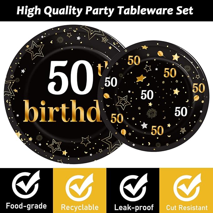 96 Pcs 50th Birthday Party Supplies Paper Plates Napkins Golden