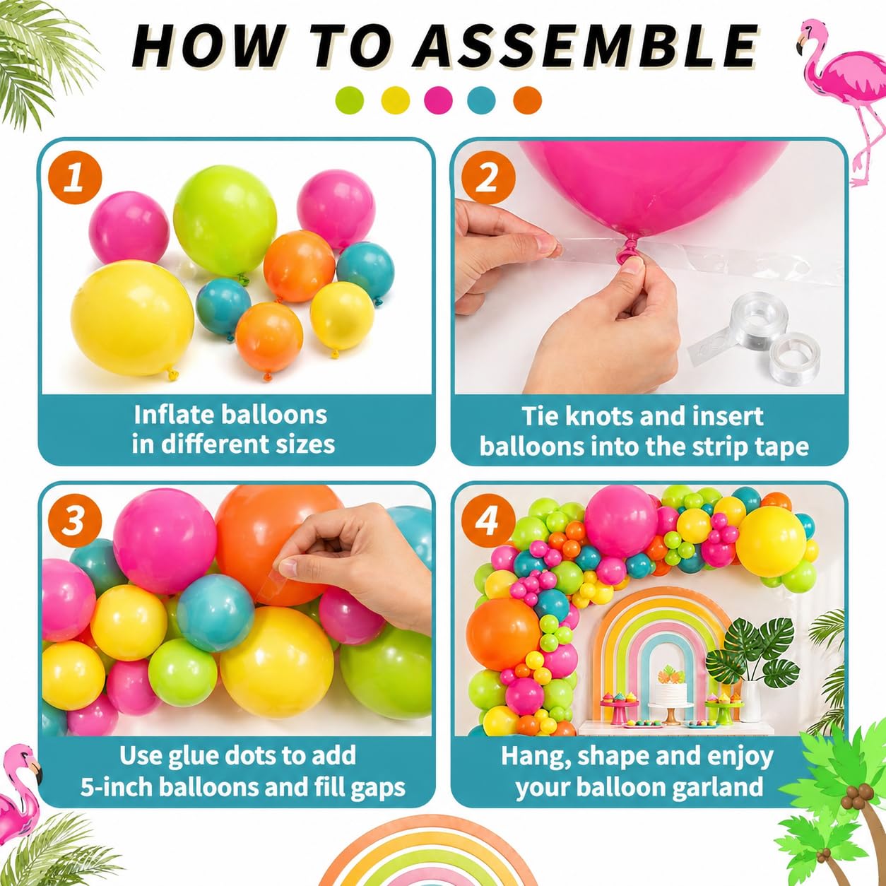 141 Pcs Rainbow Neon Balloon Arch Kit, Hot Pink Lime Green Orange