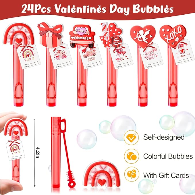 Valentines Party Favors for Kids Mini Bubble Wands Bulk with Card 24