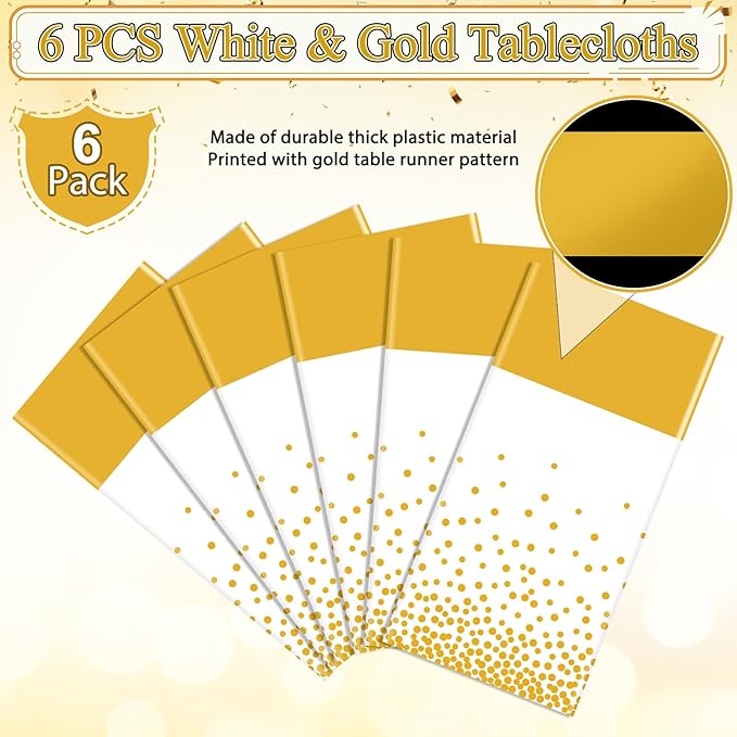 6Pcs White and Gold Tablecloth Party Decorations,Plastic White Table