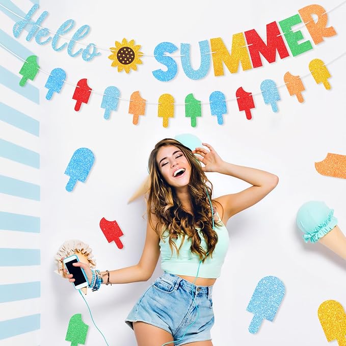 Hello Summer Banner Colorful Glitter Hello Summer Ice Cream Garland