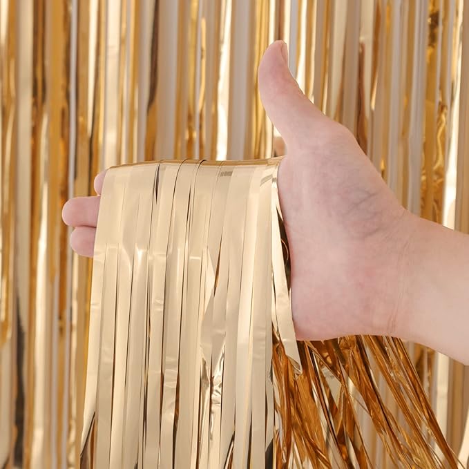 Voircoloria 4 Pack Champagne Foil Fringe Backdrop Curtains, Tinsel