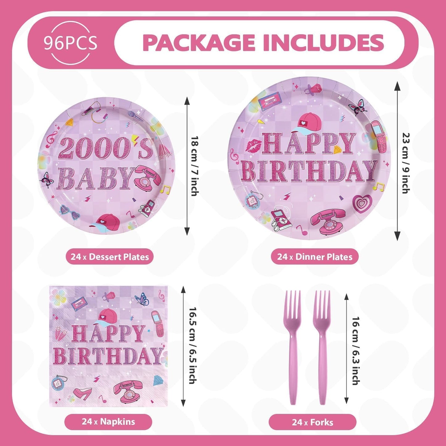 96Pcs 2000s Birthday Party Decorations Y2k Hot Pink Bday Plates and