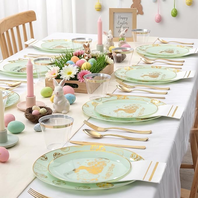 Festiva 175Pcs Easter Plates and Napkins Disposable - Green and Gold
