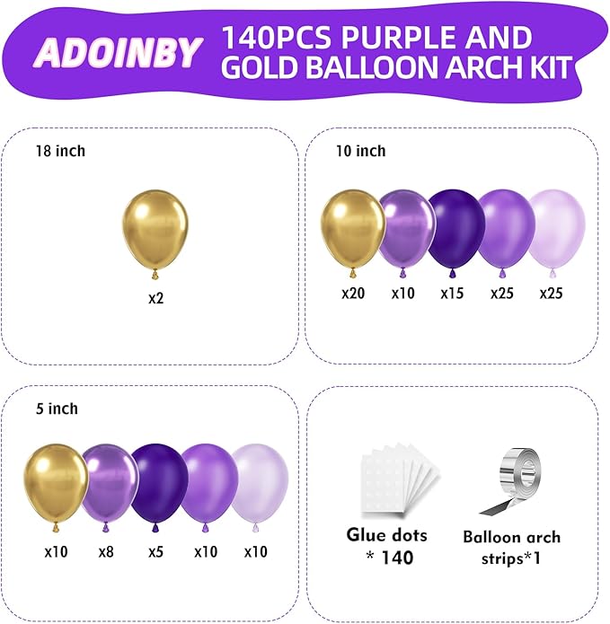 Purple and Gold Balloons Arch Kit, 140Pcs Dark Purple Metallic Gold