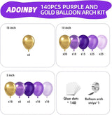 Purple and Gold Balloons Arch Kit, 140Pcs Dark Purple Metallic Gold