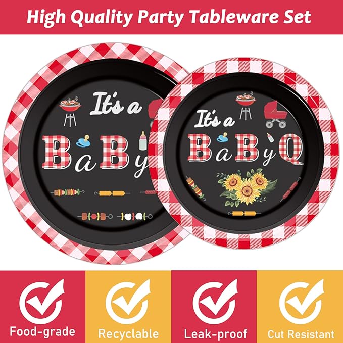 96 PCS BBQ Baby Shower Plates Napkins BabyQ Party Tableware It's A