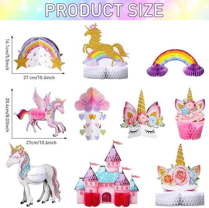 10 Pcs Unicorn Rainbow Centerpiece Unicorn Honeycomb Centerpiece