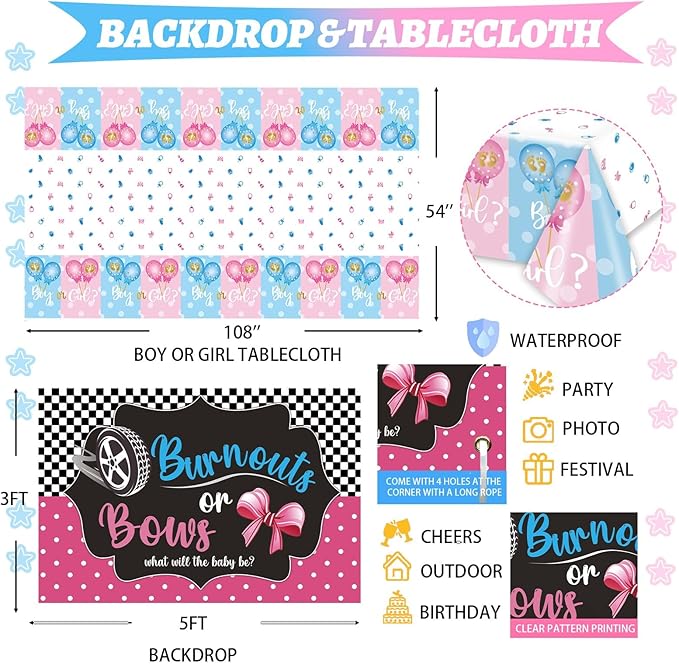 Burnouts or Bows Gender Reveal Decorations Kit 171 Pcs Boy or Girl