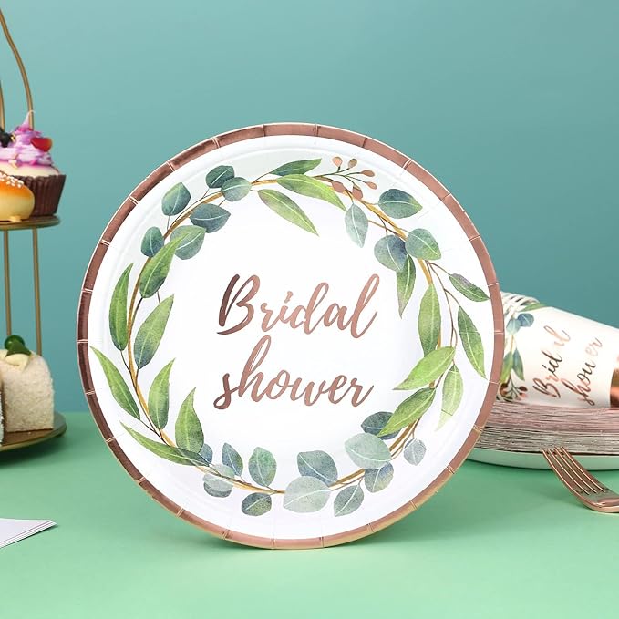 168Pcs Green and Rose Gold Party Decoration Bridal Shower Plates and
