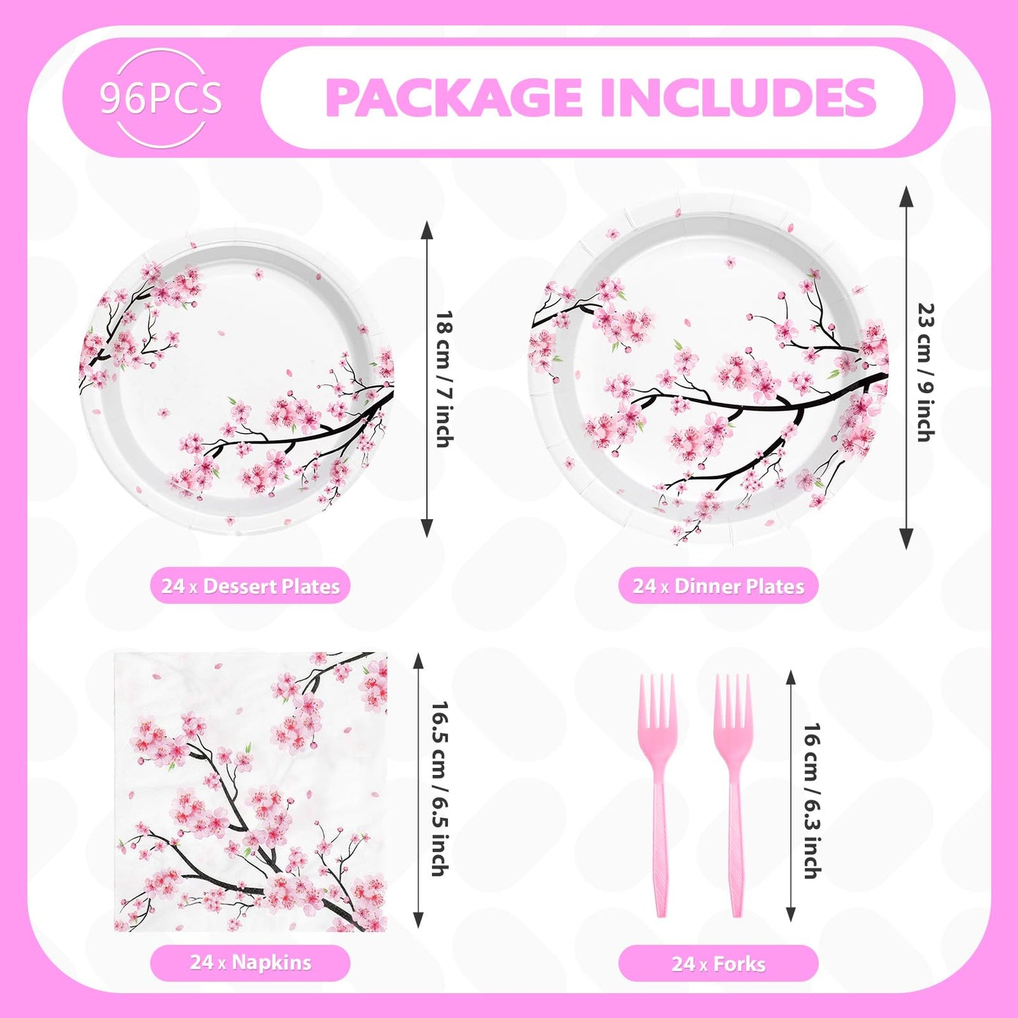 98Pcs Cherry Blossom Party Supplies Cherry Blossom Plates and Napkins