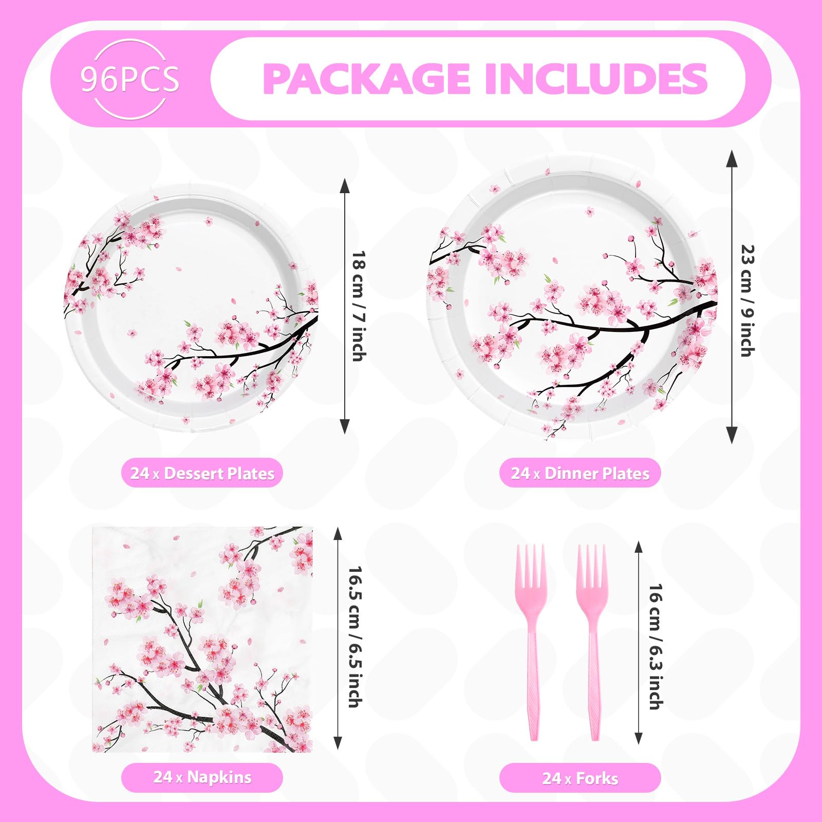 98Pcs Cherry Blossom Party Supplies Cherry Blossom Plates and Napkins