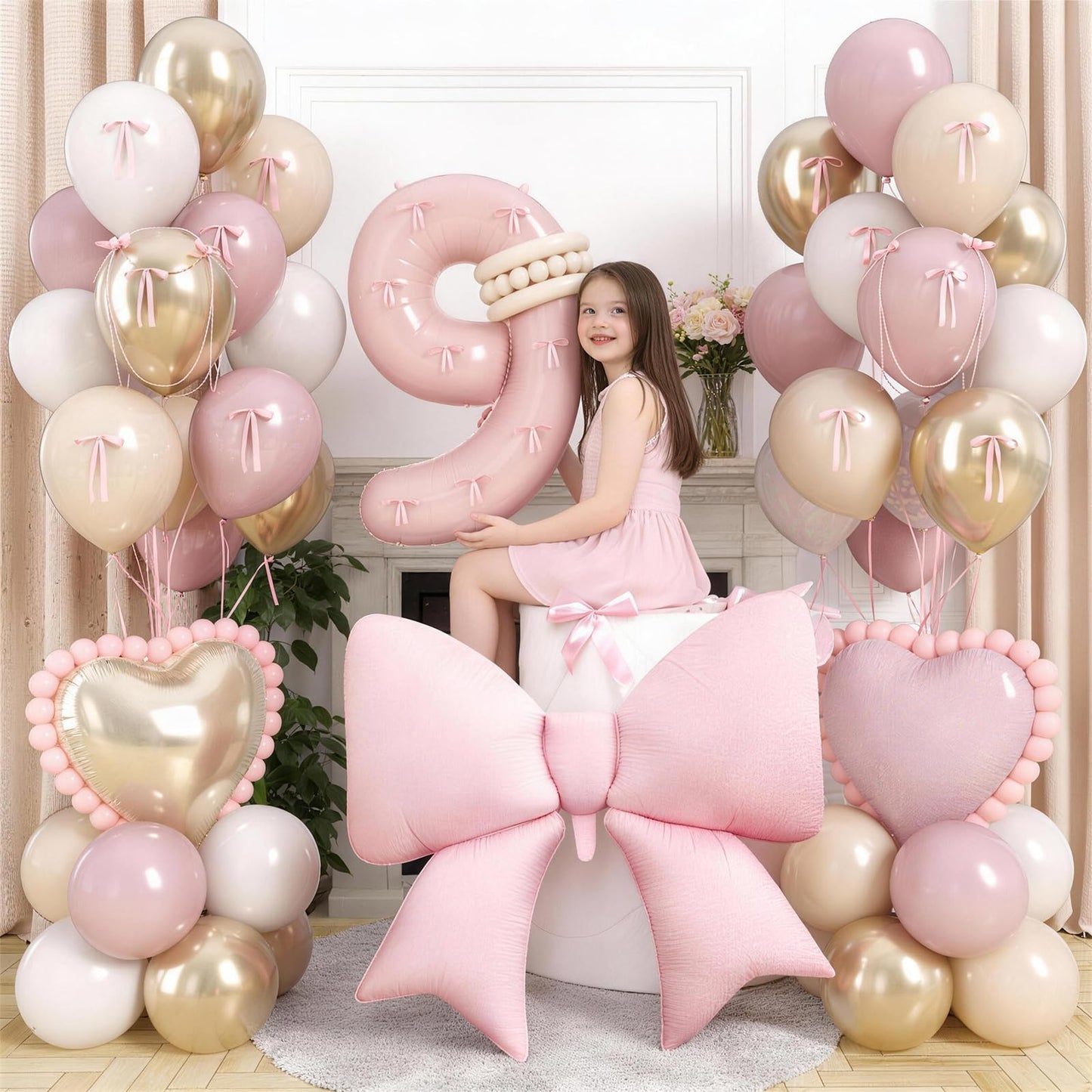 Light Pink 9 Balloon Number, Dusty Baby Pink Gold Sand White Latex