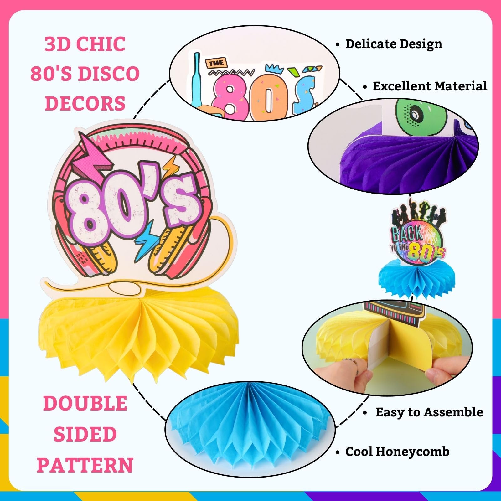 9pcs Back to the 80s Honeycomb Centerpieces for 1980s Disco Party