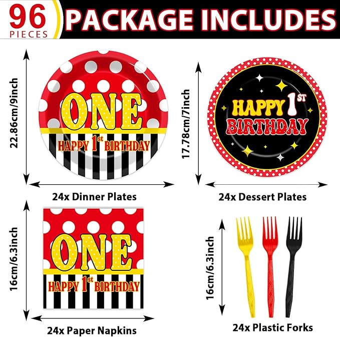 96 Pcs Mouse 1st Birthday Party Plates and Napkins Set Cartoon Mouse