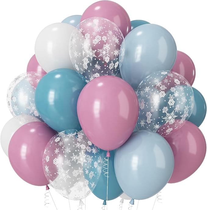Pink and Blue Snowflake Balloons, 12 Inch Winter Wonderland Dusty