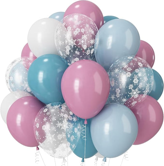 Pink and Blue Snowflake Balloons, 12 Inch Winter Wonderland Dusty