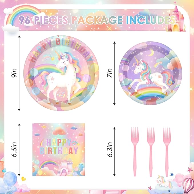 96 Pcs Happy Birthday Party Decorations Tableware Set Unicorn