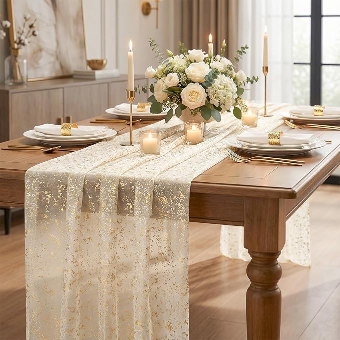 Artoid Mode Gold Gauze Champagne Table Runner 120 Inch 10FT, Glitter