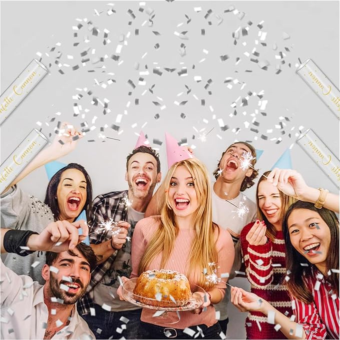 12" Silver & White Confetti Cannons - Party Poppers for Birthday Gradu