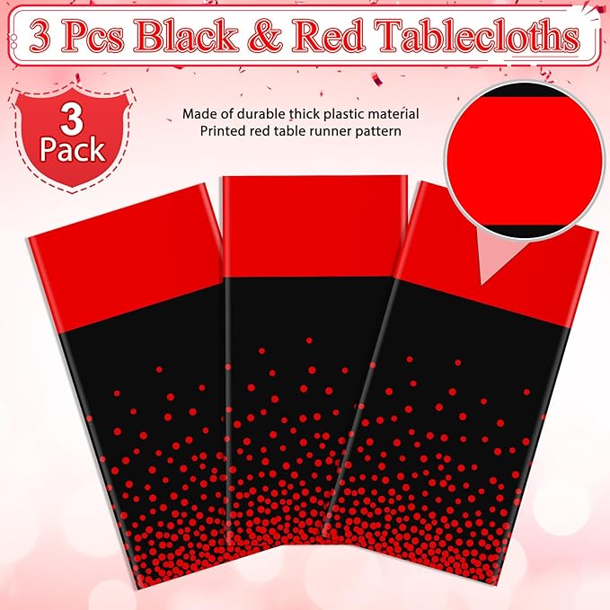 MASHAN 3Pcs Black and Red Tablecloth Party Decorations,Plastic Black