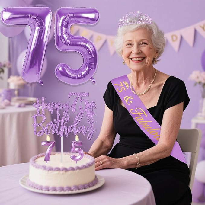 75th Birthday Decorations for Women Purple with 75th Birthday Sash