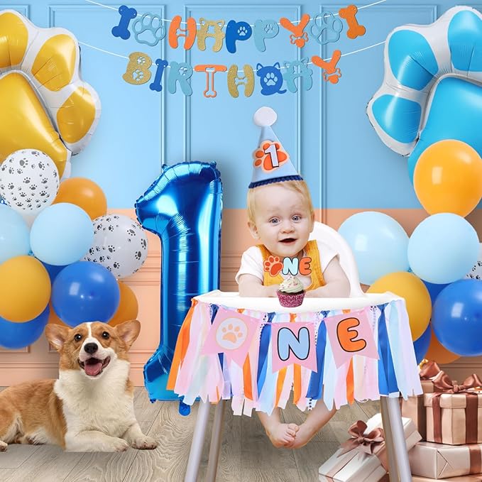 Blue Dog Highchair Banner for First Birthday Party Decorations